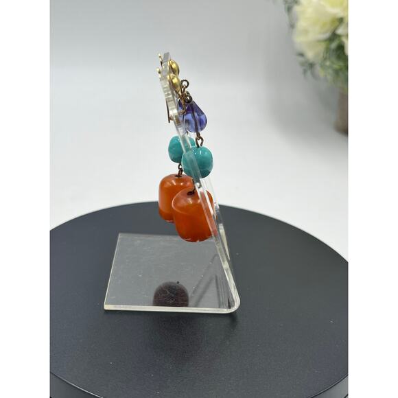 Vintage Butterscotch Egg Yolk Bakelite Blue Purple Glass Dangle Earrings - Picture 6 of 7